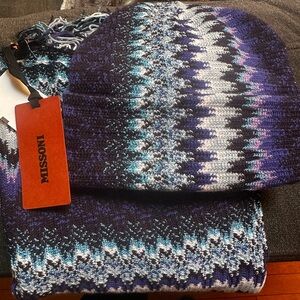 Missoni Multicolor Knit Hat & Scarf Set - Blue, Purple, White